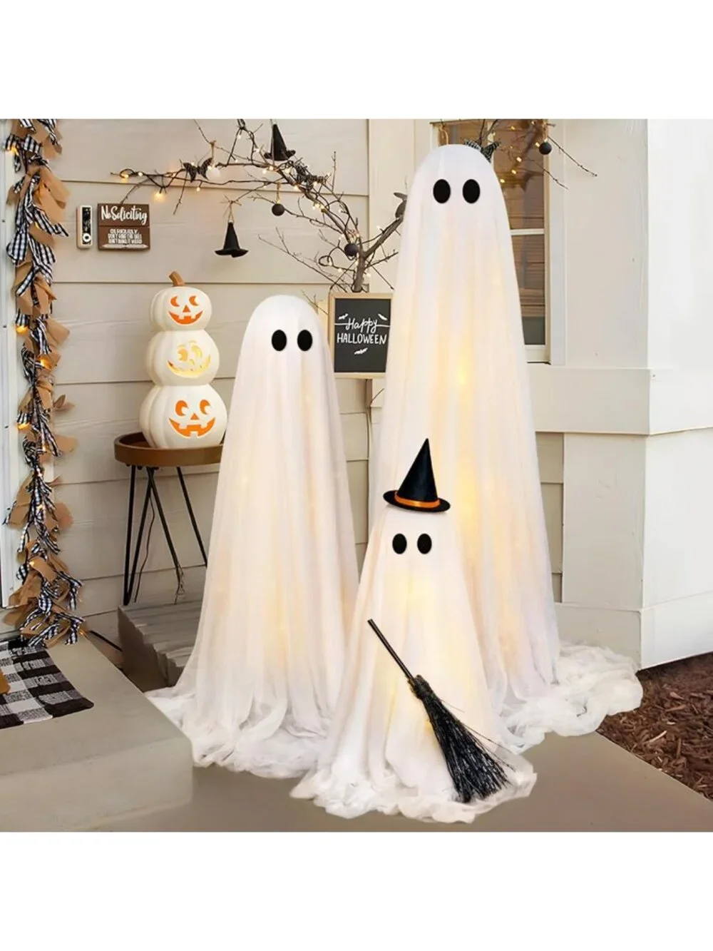 Light Up Ghosts Halloween Decorations - Set of 3 Outdoor Spooky Decor with Timer